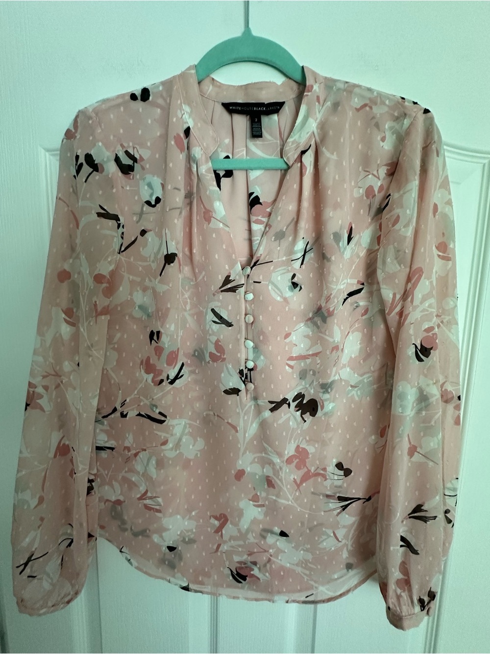 White House Black Market Blush Pink Floral V-Neck Blouse